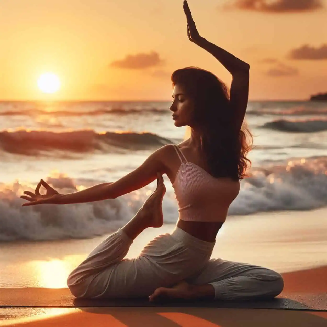 In this image a girl is doing yin yoga on the beach to increase flexibility