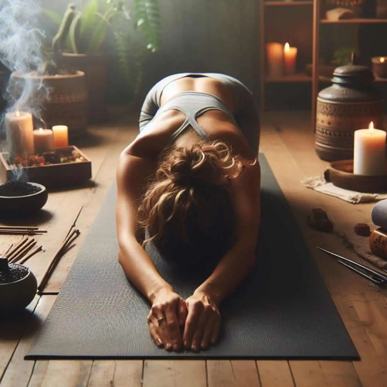In this image a woman is doing yin yoga for digestive health